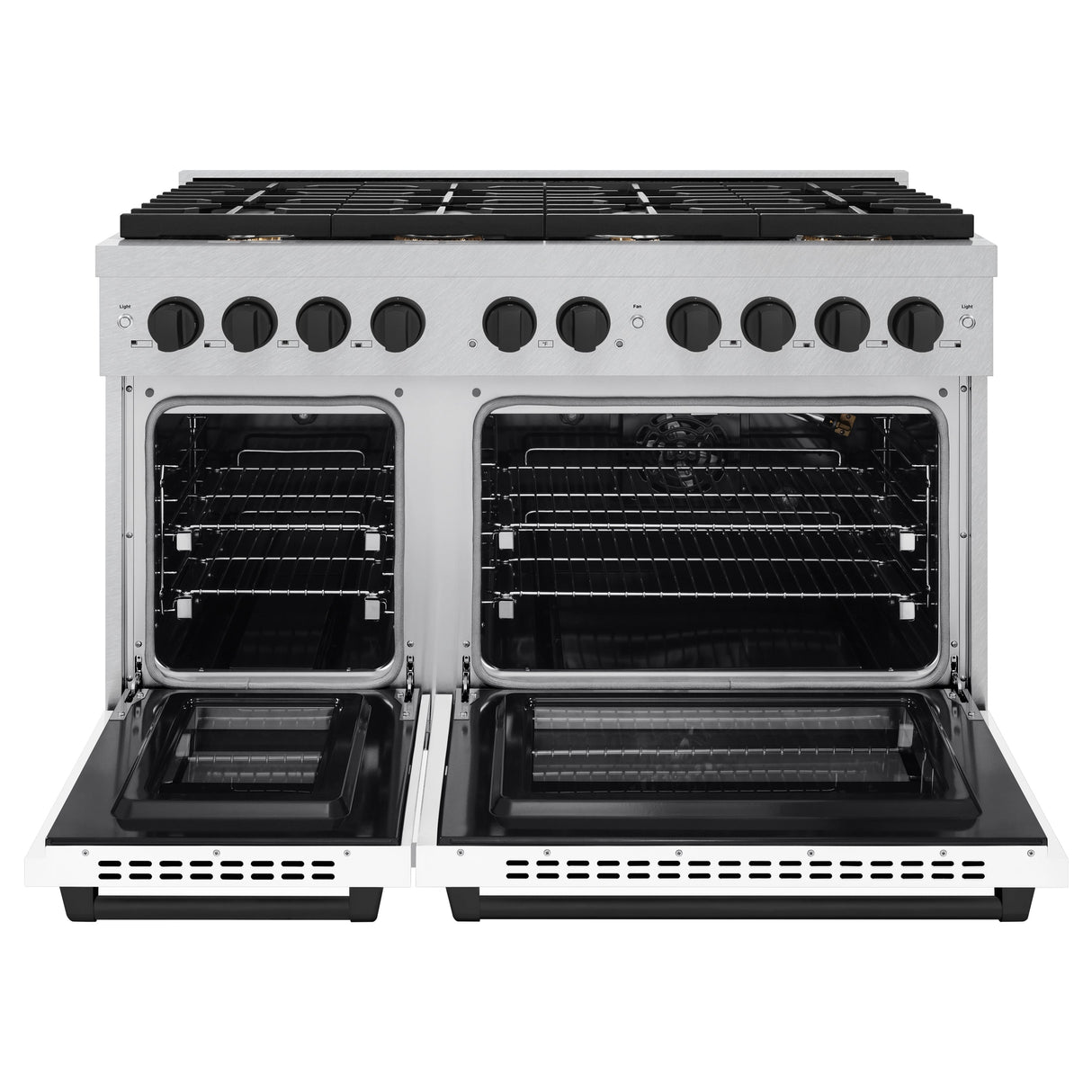 ZLINE Autograph Edition 48 in. 6.7 cu. ft. Paramount Double Oven Gas Range with 8 Burner Cooktop in Satin Stainless Steel with White Matte Doors and Matte Black Accents (SGRSZ-WM-48-MB)