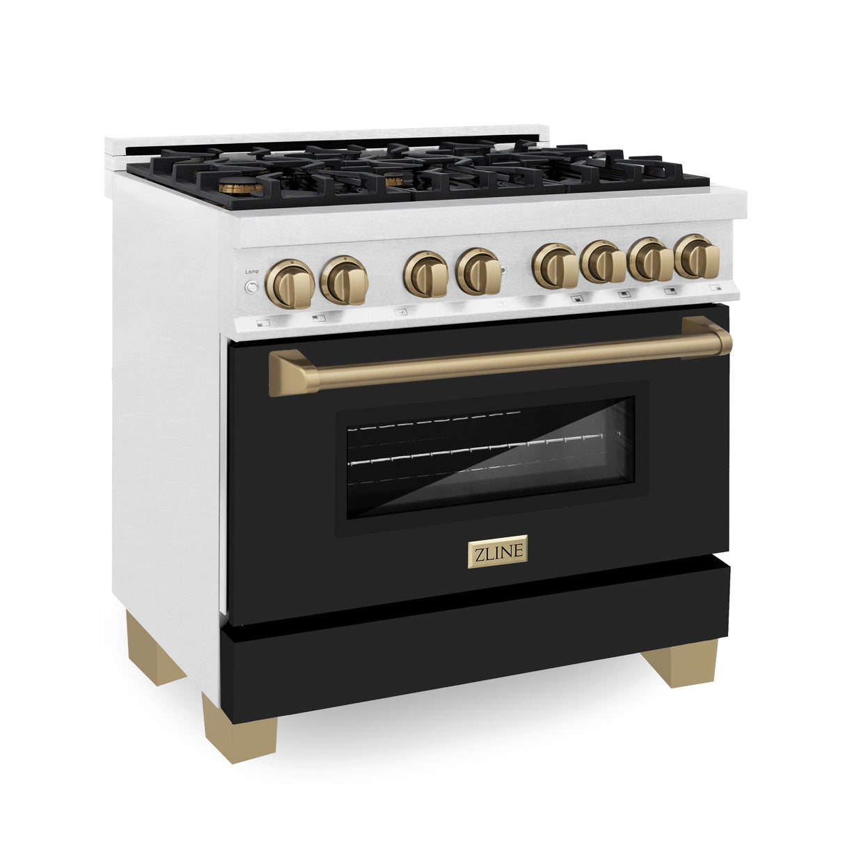 ZLINE Autograph Edition 36 in. 4.6 cu. ft. Legacy Dual Fuel Range with 6 Burner Gas Cooktop and Electric Convection Oven in Satin Stainless Steel with Black Matte Door and Polished Gold Accents (RASZ-BLM-36-G)
