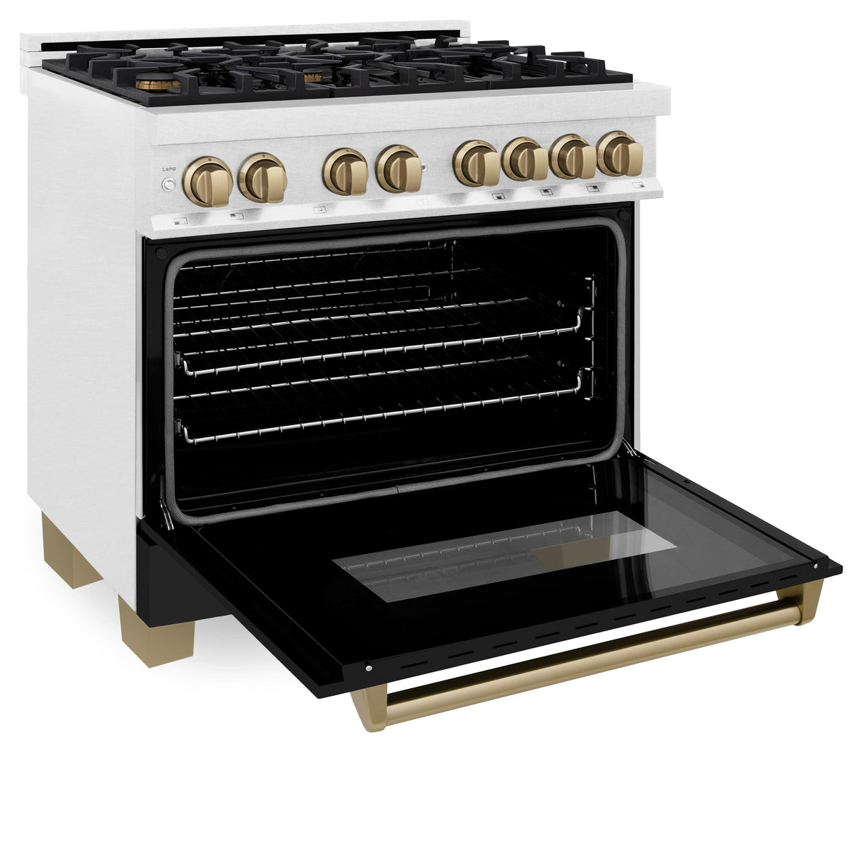 ZLINE Autograph Edition 36 in. 4.6 cu. ft. Legacy Dual Fuel Range with 6 Burner Gas Cooktop and Electric Convection Oven in Satin Stainless Steel with Black Matte Door and Champagne Bronze Accents (RASZ-BLM-36-CB)