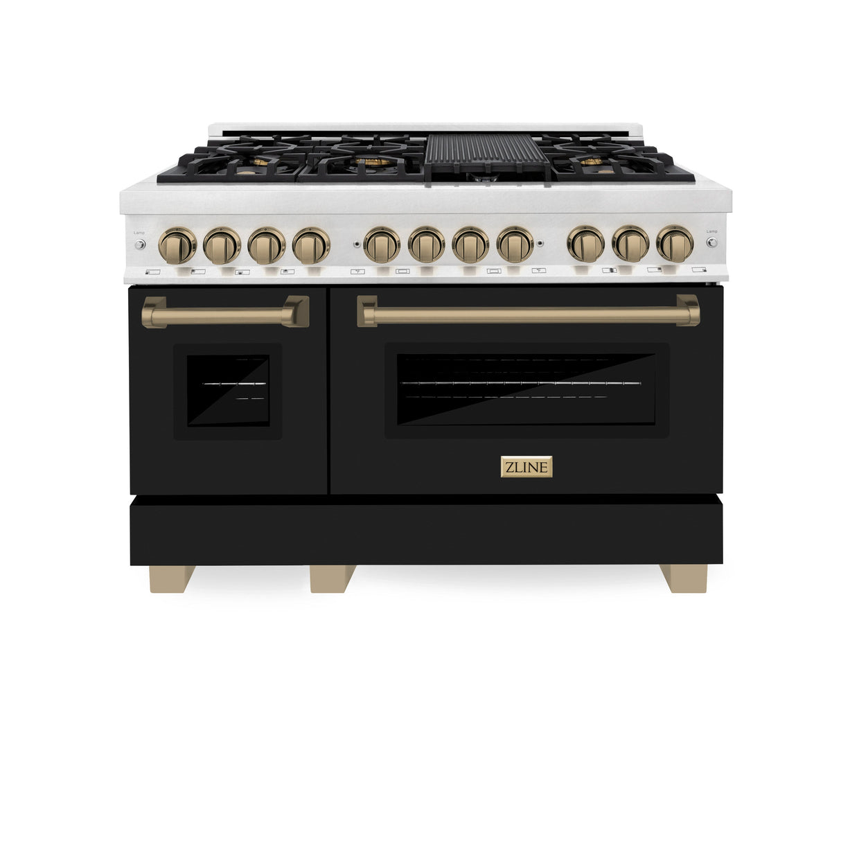 ZLINE Autograph Edition 48 in. 6.0 cu. ft. Legacy Dual Fuel Range with 7 Burner Gas Cooktop and 2 Electric Ovens in Satin Stainless Steel with Black Matte Doors and Champagne Bronze Accents (RASZ-BLM-48-CB)