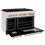 ZLINE Autograph Edition 48 in. 6.0 cu. ft. Legacy Dual Fuel Range with 7 Burner Gas Cooktop and 2 Electric Ovens in Satin Stainless Steel with Black Matte Doors and Polished Gold Accents (RASZ-BLM-48-G)