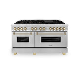ZLINE Autograph Edition 60 in. 7.4 cu. ft. Legacy Dual Fuel Range with 9 Burner Gas Cooktop and 2 Electric Convection Ovens in Stainless Steel and Polished Gold Accents (RAZ-60-G)