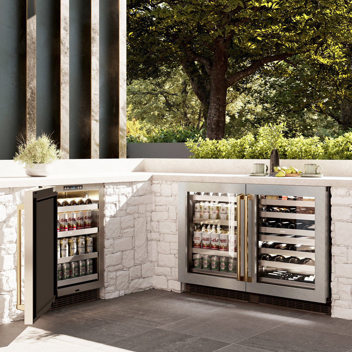 ZLINE Autograph Edition 24 in. Touchstone Dual Zone 44 Bottle Wine Cooler with Satin Stainless Steel Glass Door and Polished Gold Handle (RWDOZ-SN-24-G)