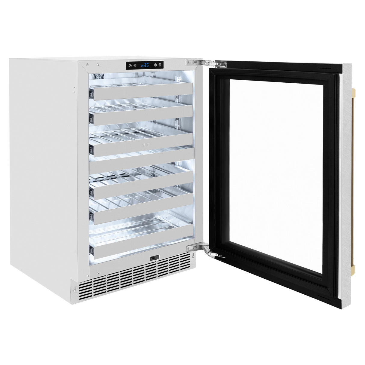 ZLINE Autograph Edition 24 in. Touchstone Dual Zone 44 Bottle Wine Cooler with Satin Stainless Steel Glass Door and Champagne Bronze Handle (RWDOZ-SN-24-CB)