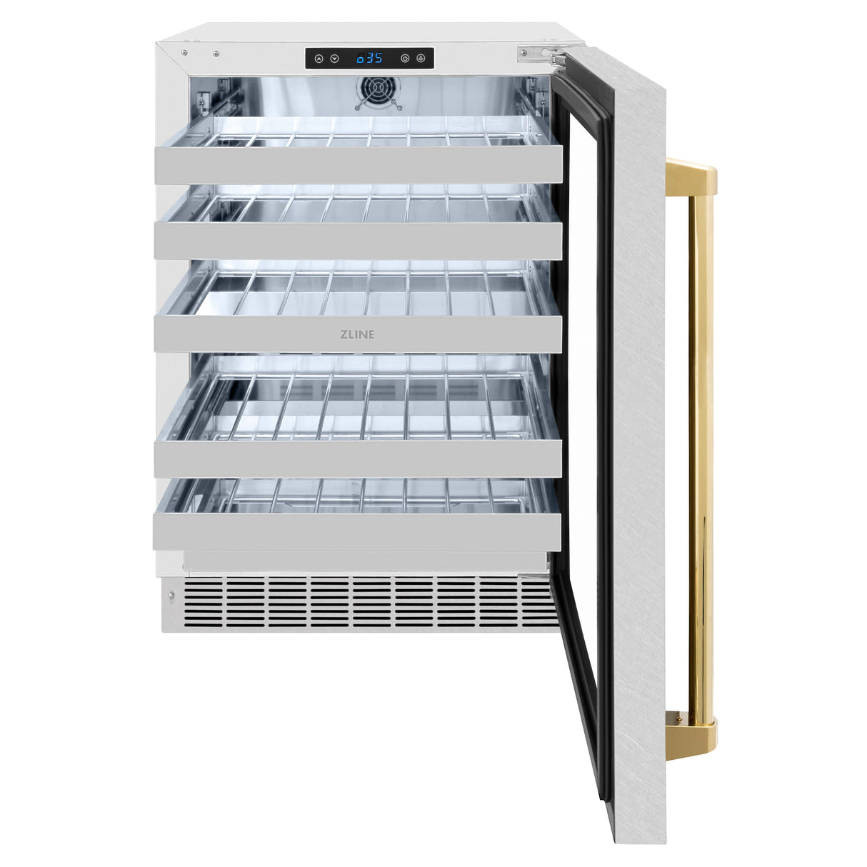 ZLINE Autograph Edition 24 in. Touchstone Dual Zone 44 Bottle Wine Cooler with Satin Stainless Steel Glass Door and Polished Gold Handle (RWDOZ-SN-24-G)