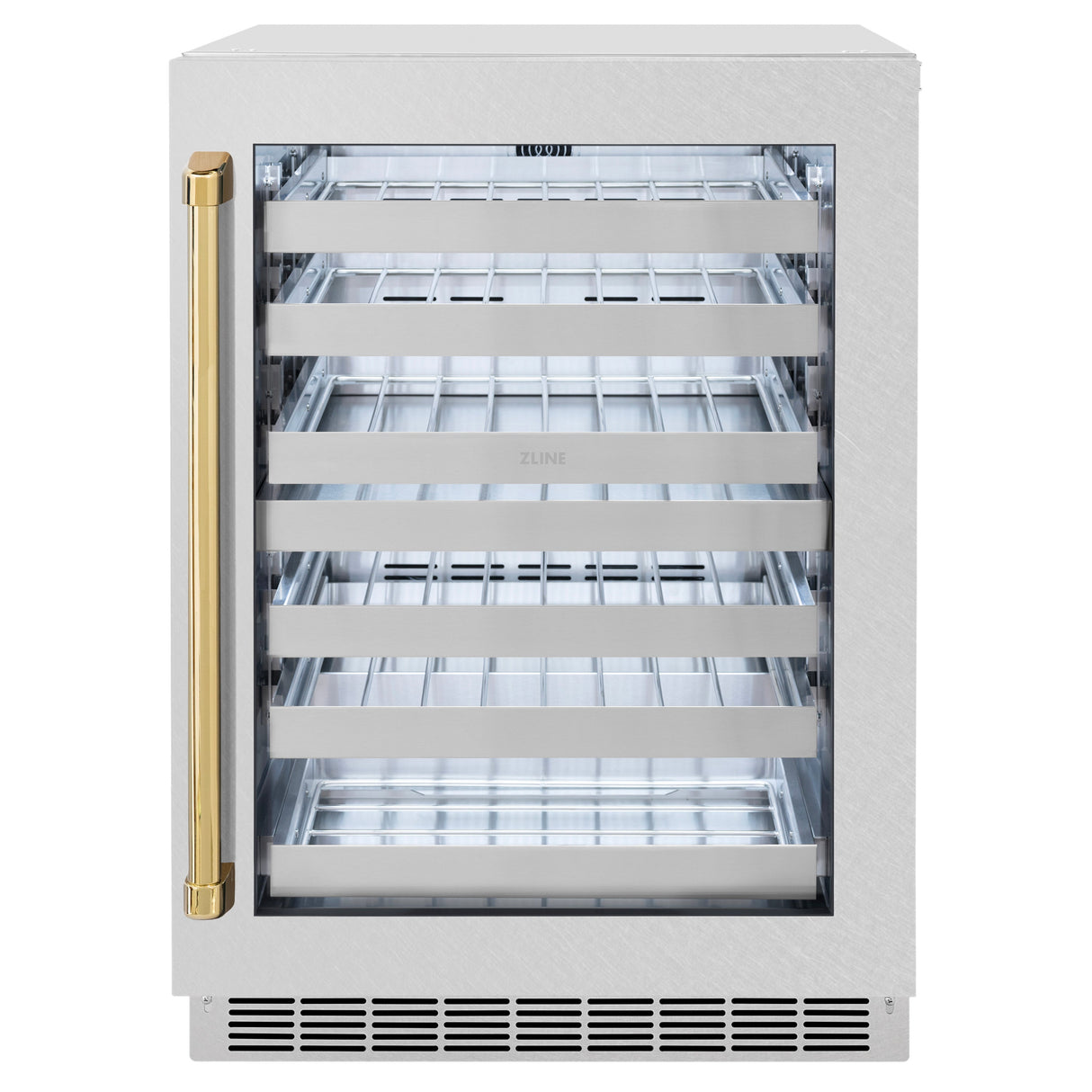 ZLINE Autograph Edition 24 in. Touchstone Dual Zone 44 Bottle Wine Cooler with Satin Stainless Steel Glass Door and Polished Gold Handle (RWDOZ-SN-24-G)
