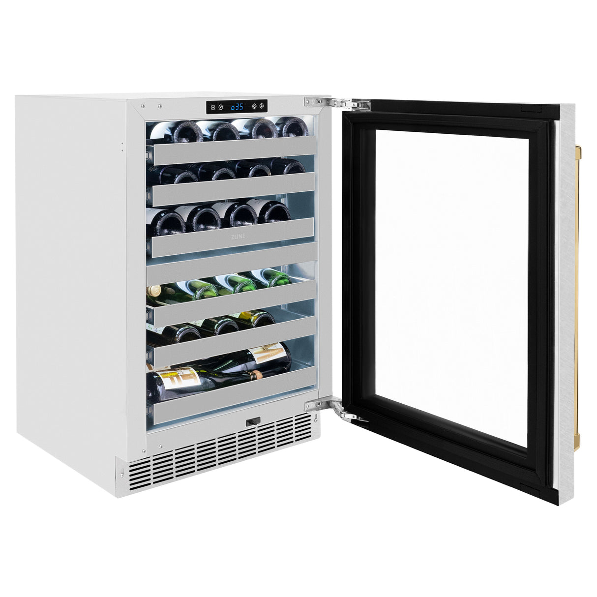 ZLINE Autograph Edition 24 in. Touchstone Dual Zone 44 Bottle Wine Cooler with Satin Stainless Steel Glass Door and Polished Gold Handle (RWDOZ-SN-24-G)