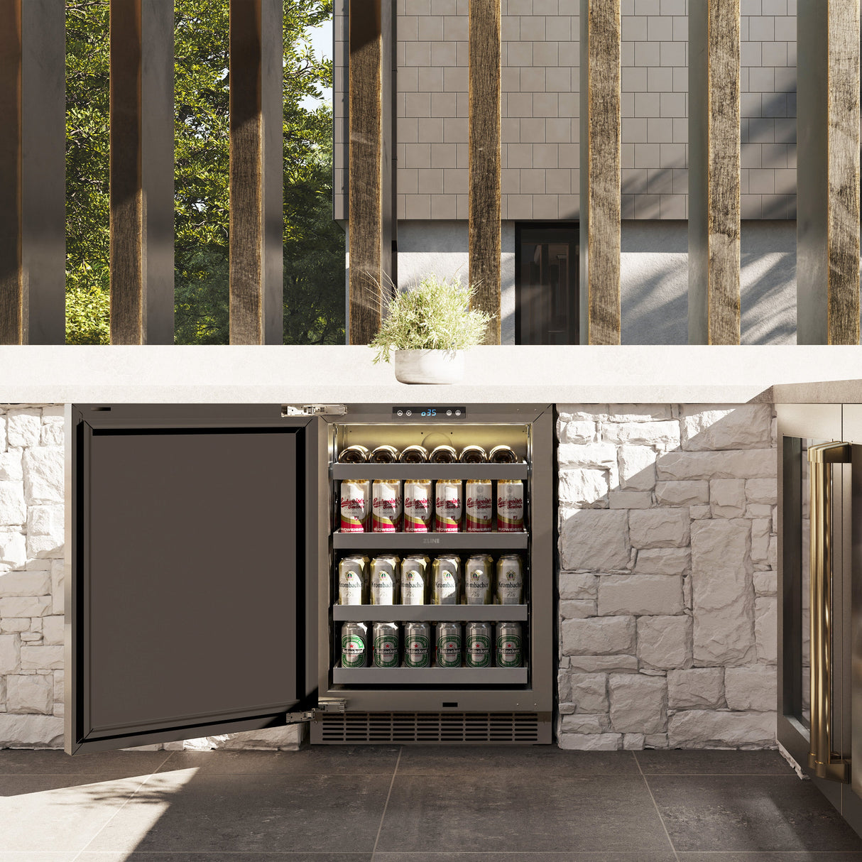 ZLINE Autograph Edition 24 in. Touchstone 151 Can Beverage Fridge With Solid Stainless Steel Door And Polished Gold Handle (RBSOZ-ST-24-G)