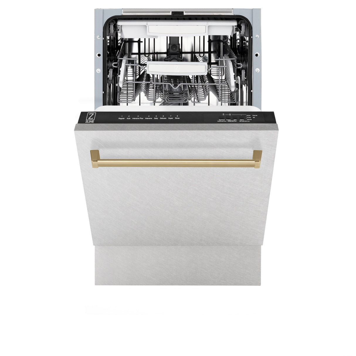 ZLINE Autograph Edition 18” Tallac Series 3rd Rack Top Control Built-In Dishwasher in Fingerprint Resistant Stainless Steel with Champagne Bronze Handle, 51dBa (DWVZ-SN-18-CB)