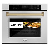 ZLINE 30 in. Autograph Edition Professional True Convection Single Wall Oven with Air Fry and Self Clean in Satin Stainless Steel with Champagne Bronze Handle (WASSZ-30-CB)