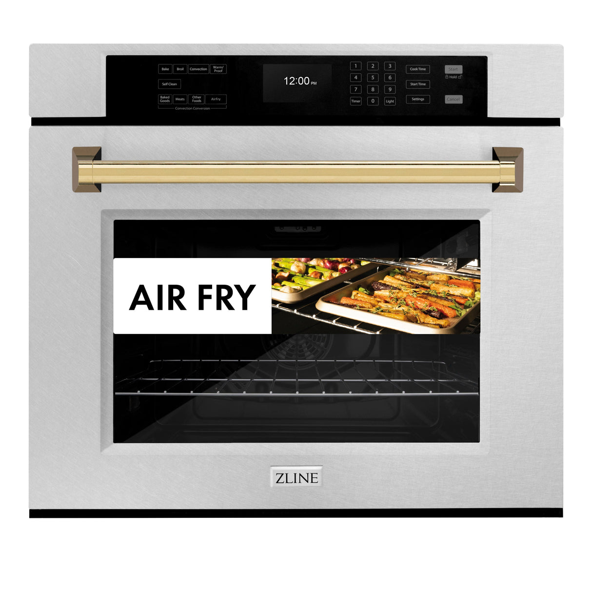 ZLINE 30 in. Autograph Edition Professional True Convection Single Wall Oven with Air Fry and Self Clean in Satin Stainless Steel with Polished Gold Handle (WASSZ-30-G)