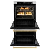 ZLINE 30 in. Autograph Edition Professional True Convection Double Wall Oven with Air Fry and Self Clean in Satin Stainless Steel with White Matte Doors and Champagne Bronze Handles (WADSZ-WM-30-CB)