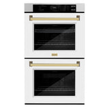 ZLINE 30 in. Autograph Edition Professional True Convection Double Wall Oven with Air Fry and Self Clean in Satin Stainless Steel with White Matte Doors and Polished Gold Handles (WADSZ-WM-30-G)