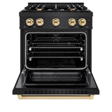 ZLINE Autograph Edition 30 in. 4.2 cu. ft. Select Dual Fuel Range with 4 Burner Gas Cooktop and Electric Convection Oven in Black Stainless Steel with Polished Gold Accents (HDRBZ-30-G)