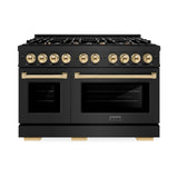 ZLINE Autograph Edition 48 in. 6.7 cu. ft. Select Double Oven Gas Range with 8 Burner Cooktop in Black Stainless Steel and Polished Gold Accents (HGRBZ-48-G)