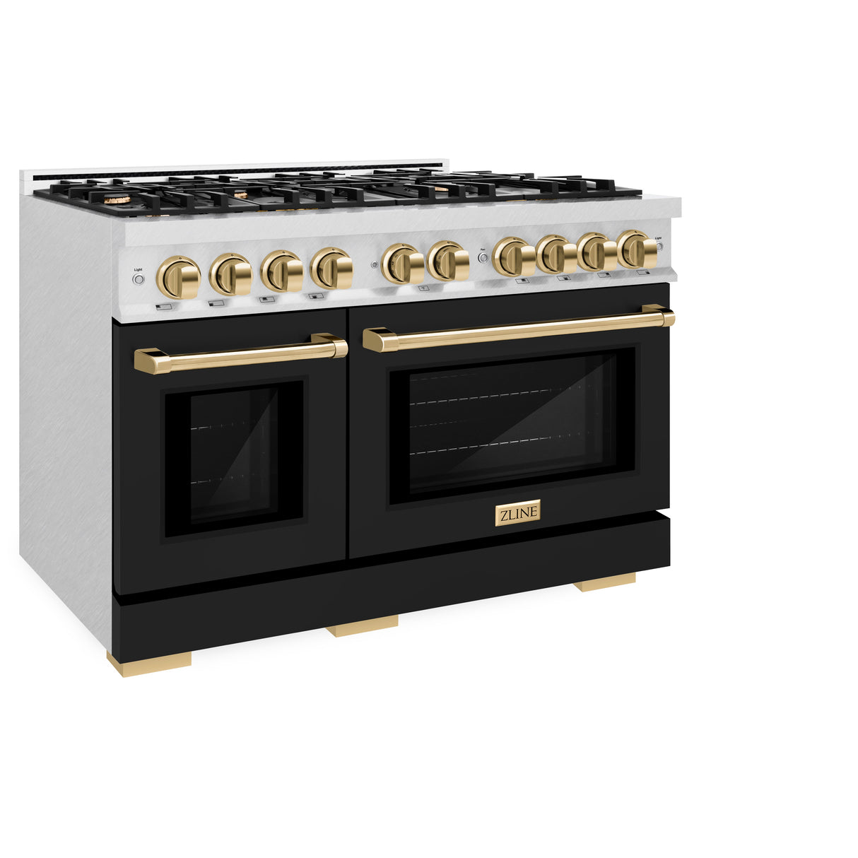 ZLINE Autograph Edition 48 in. 6.7 cu. ft. Select Double Oven Dual Fuel Range with 8 Burner Gas Cooktop in Satin Stainless Steel with Black Matte Doors and Polished Gold Accents (HDRSZ-BLM-48-G)