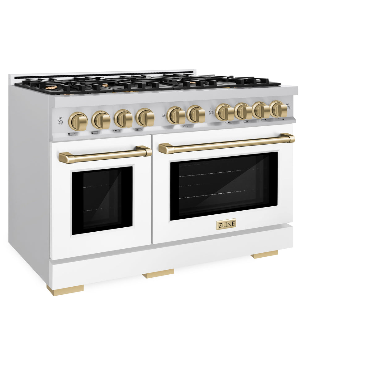 ZLINE Autograph Edition 48 in. 6.7 cu. ft. Select Double Oven Dual Fuel Range with 8 Burner Gas Cooktop in Satin Stainless Steel with White Matte Doors and Champagne Bronze Accents (HDRSZ-WM-48-CB)