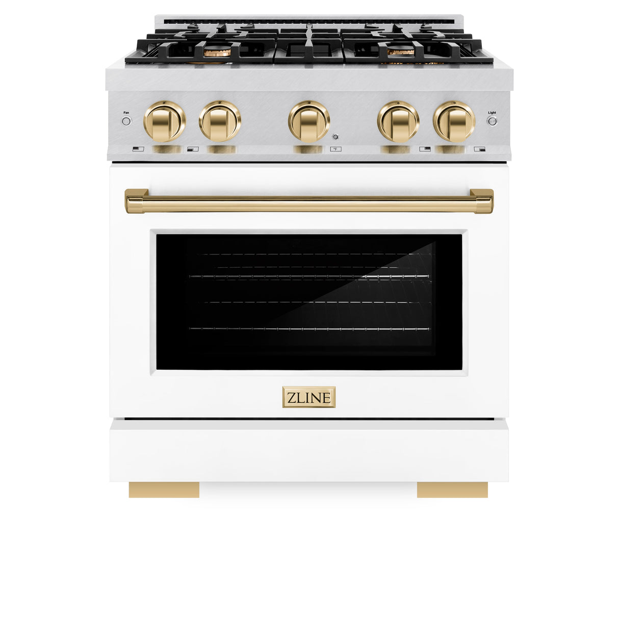 ZLINE Autograph Edition 30 in. 4.2 cu. ft. Select Dual Fuel Range with 4 Burner Gas Cooktop and Electric Convection Oven in Satin Stainless Steel with White Matte Door and Polished Gold Accents (HDRSZ-WM-30-G)