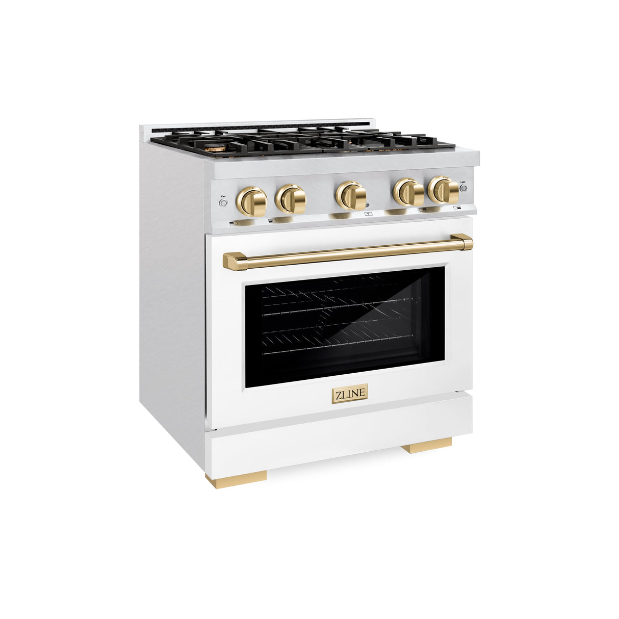ZLINE Autograph Edition 30 in. 4.2 cu. ft. Select Dual Fuel Range with 4 Burner Gas Cooktop and Electric Convection Oven in Satin Stainless Steel with White Matte Door and Polished Gold Accents (HDRSZ-WM-30-G)