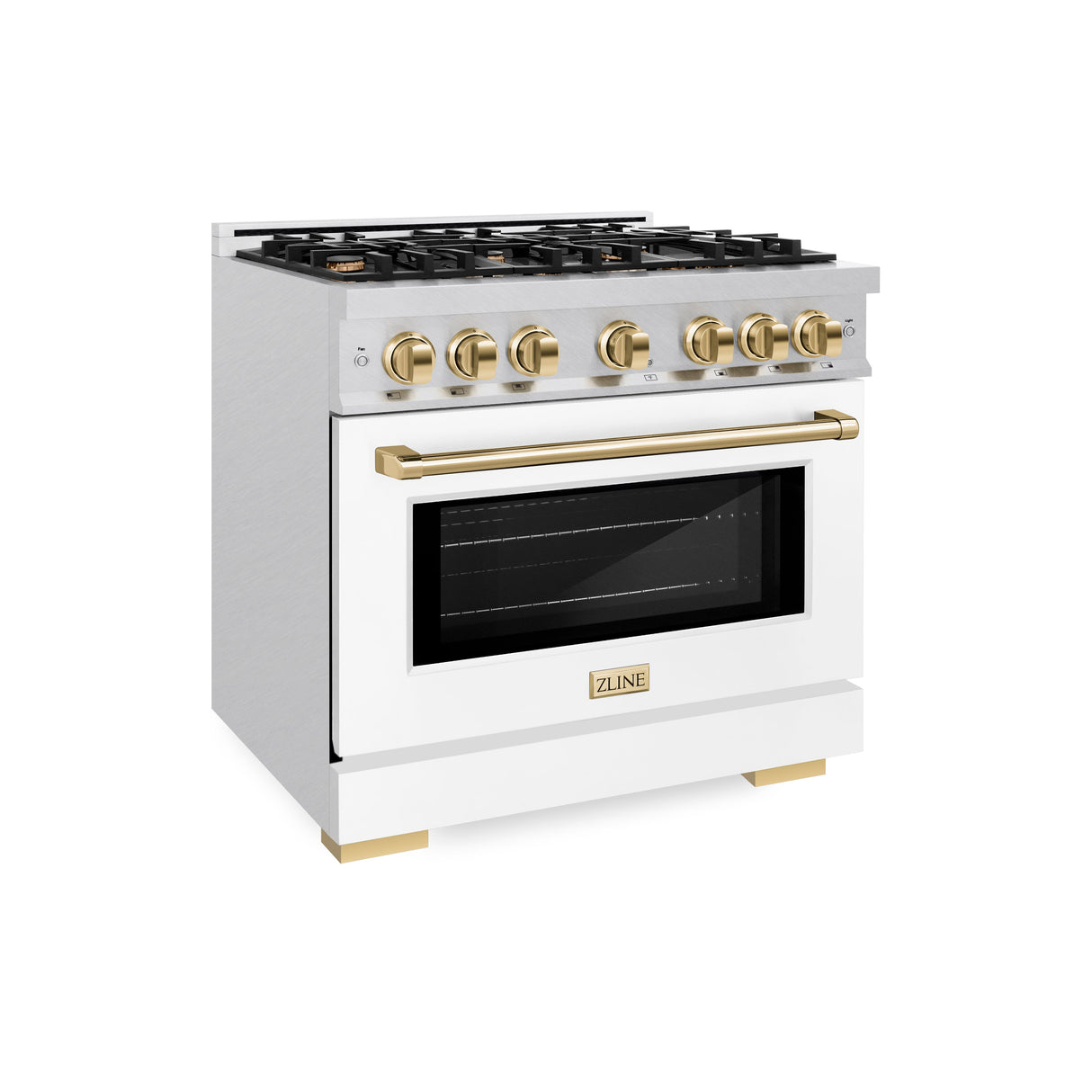 ZLINE Autograph Edition 36 in. 5.2 cu. ft. Select Dual Fuel Range with 6 Burner Gas Cooktop and Electric Convection Oven in Satin Stainless Steel with White Matte Door and Polished Gold Accents (HDRSZ-WM-36-G)