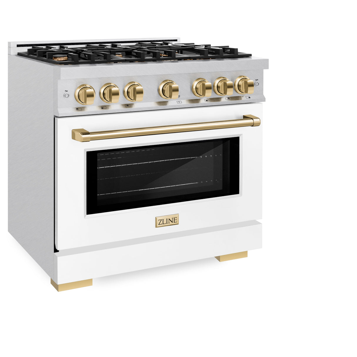 ZLINE Autograph Edition 36 in. 5.2 cu. ft. Select Dual Fuel Range with 6 Burner Gas Cooktop and Electric Convection Oven in Satin Stainless Steel with White Matte Door and Polished Gold Accents (HDRSZ-WM-36-G)
