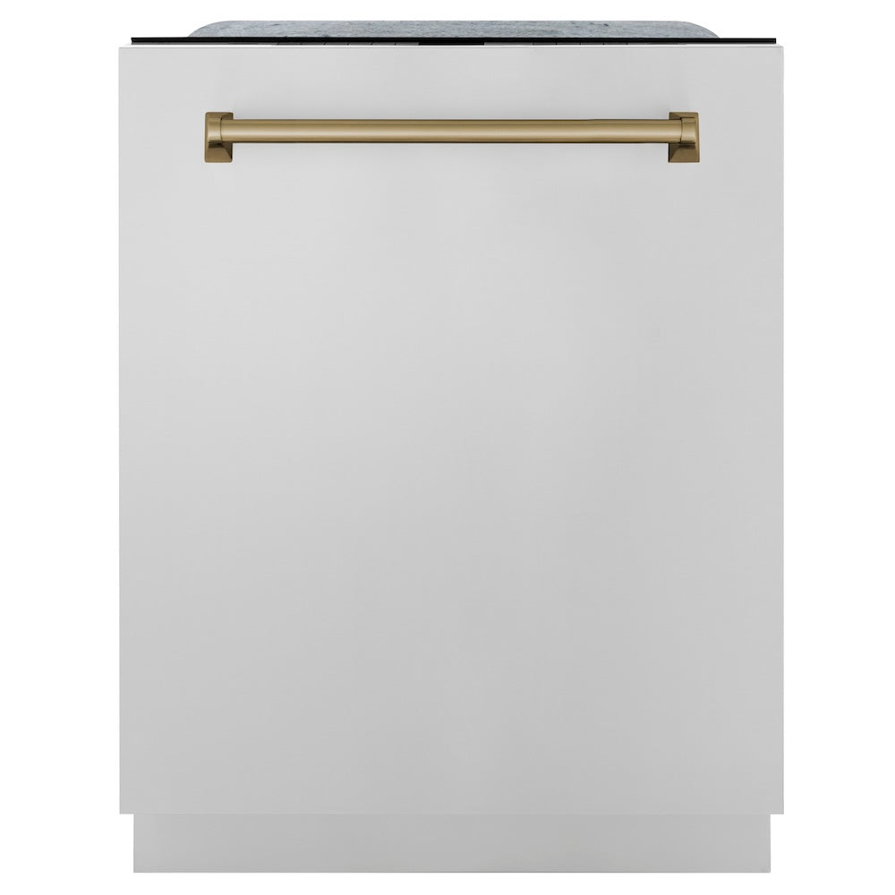ZLINE Autograph Edition 24" Monument Series 3rd Rack Top Touch Control Tall Tub Dishwasher in Stainless Steel with Champagne Bronze Handle, 45dBa (DWMTZ-304-24-CB)