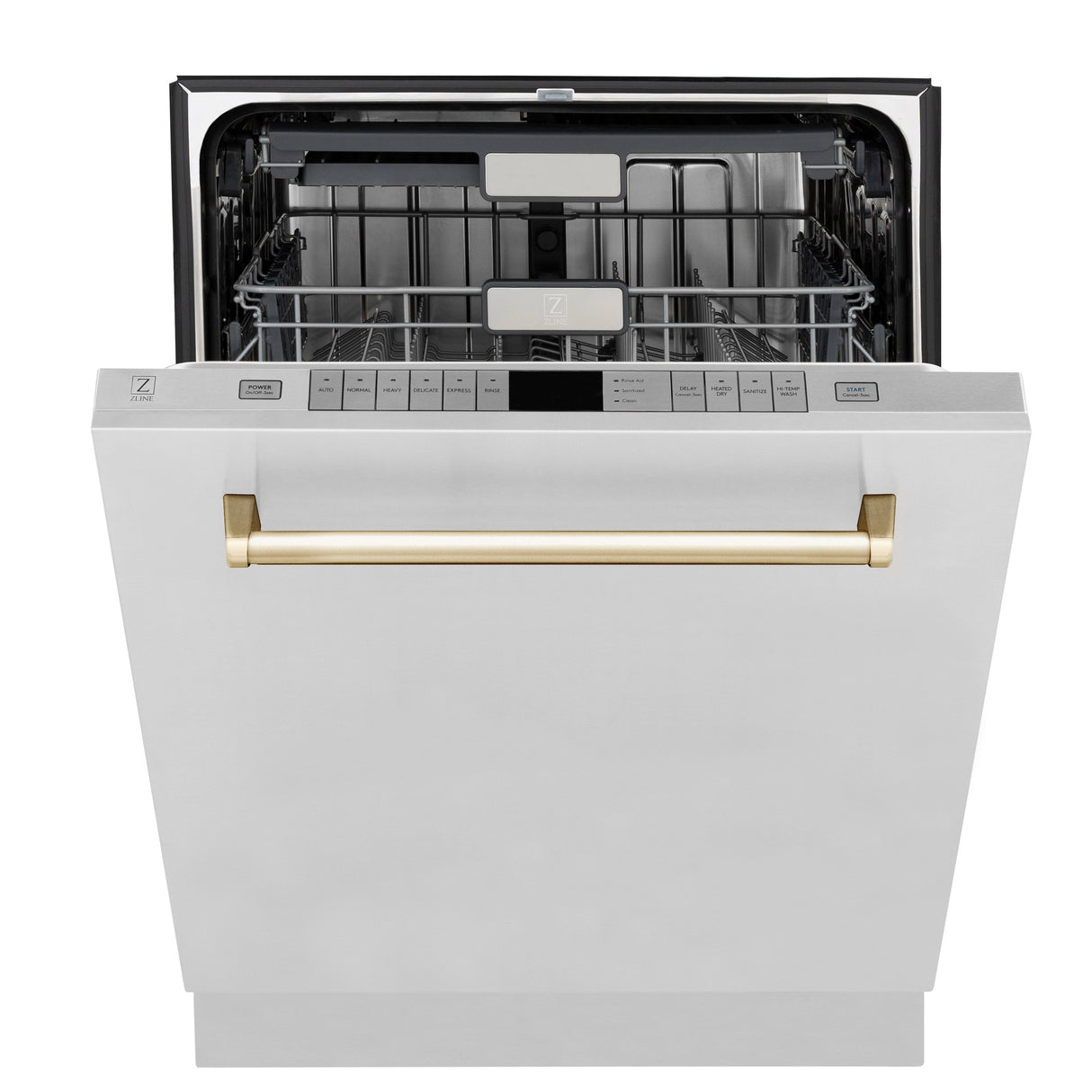 ZLINE Autograph Edition 24" Monument Series 3rd Rack Top Touch Control Tall Tub Dishwasher in Stainless Steel with Polished Gold Handle, 45dBa (DWMTZ-304-24-G)