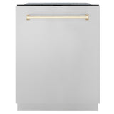 ZLINE Autograph Edition 24" Monument Series 3rd Rack Top Touch Control Tall Tub Dishwasher in Stainless Steel with Polished Gold Handle, 45dBa (DWMTZ-304-24-G)