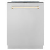 ZLINE Autograph Edition 24" Monument Series 3rd Rack Top Touch Control Tall Tub Dishwasher in Stainless Steel with Polished Gold Handle, 45dBa (DWMTZ-304-24-G)