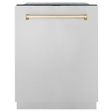 ZLINE Autograph Edition 24" Monument Series 3rd Rack Top Touch Control Tall Tub Dishwasher in Stainless Steel with Polished Gold Handle, 45dBa (DWMTZ-304-24-G)