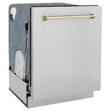 ZLINE Autograph Edition 24" Monument Series 3rd Rack Top Touch Control Tall Tub Dishwasher in Stainless Steel with Polished Gold Handle, 45dBa (DWMTZ-304-24-G)