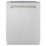 ZLINE Autograph Edition 24 in. Monument Series 3rd Rack Top Touch Control Tall Tub Dishwasher in Stainless Steel with Polished Nickel Helix Handle, 45dBa (DWMTZ-30424-KPN)