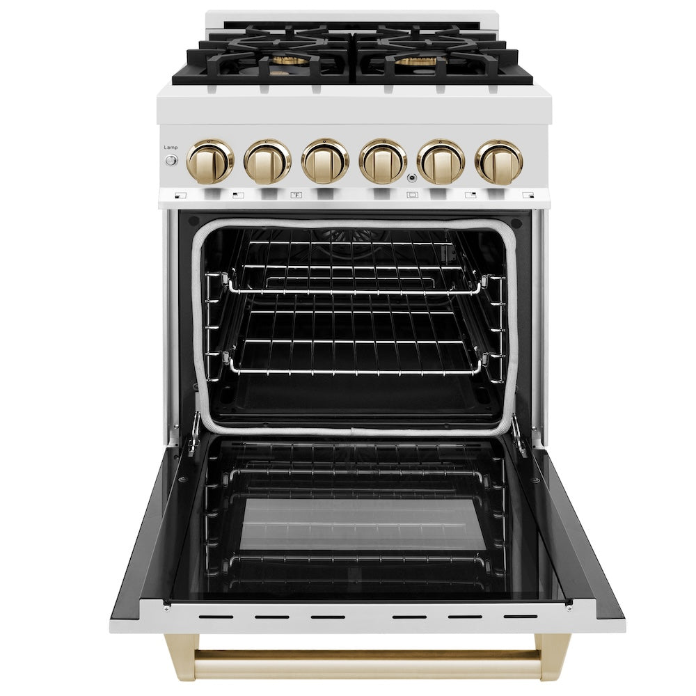ZLINE Autograph Edition 24 in. 2.8 cu. ft. Legacy Dual Fuel Range with 4 Burner Gas Cooktop and Electric Convection Oven in Stainless Steel and Polished Gold Accents (RAZ-24-G)