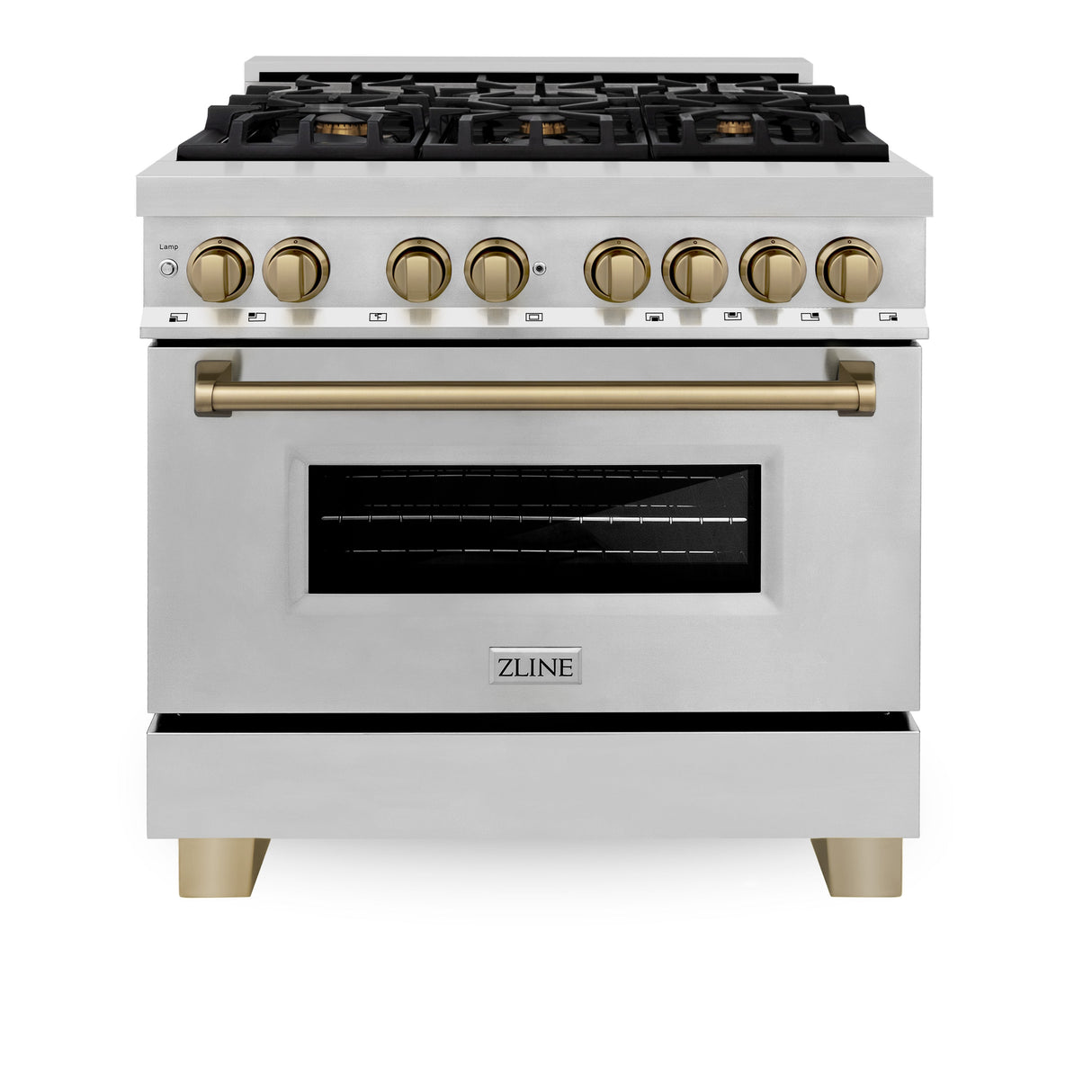 ZLINE Autograph Edition 36 in. 4.6 cu. ft. Legacy Dual Fuel Range with 6 Burner Gas Cooktop and Electric Convection Oven in Stainless Steel and Champagne Bronze Accents (RAZ-36-CB)