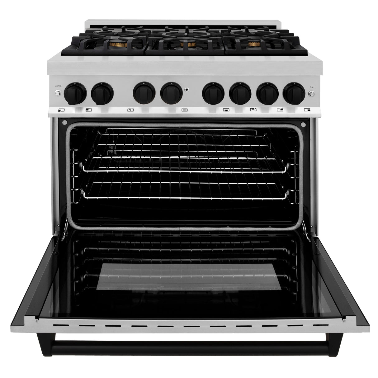 ZLINE Autograph Edition 36 in. 4.6 cu. ft. Legacy Dual Fuel Range with 6 Burner Gas Cooktop and Electric Convection Oven in Stainless Steel and Matte Black Accents (RAZ-36-MB)