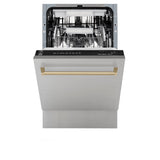 ZLINE Autograph Edition 18” Tallac Series 3rd Rack Top Control Built-In Dishwasher in Stainless Steel with Champagne Bronze Handle, 51dBa (DWVZ-304-18-CB)