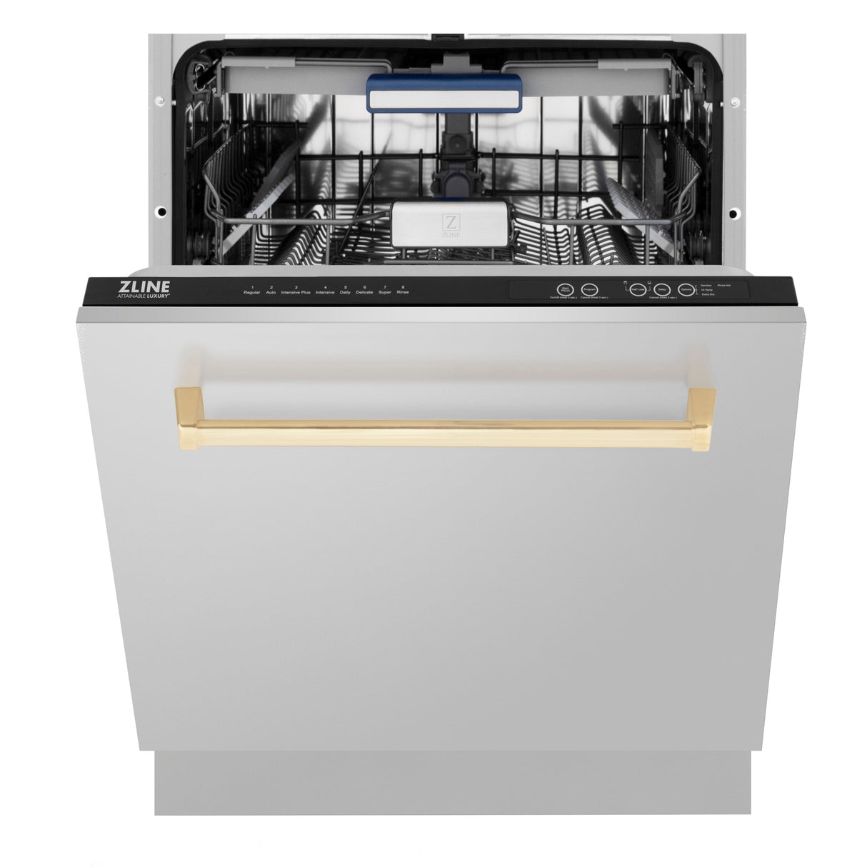 ZLINE Autograph Edition 24" Tallac Series 3rd Rack Top Control Built-In Tall Tub Dishwasher in Stainless Steel with Polished Gold Handle, 51dBa (DWVZ-304-24-G)