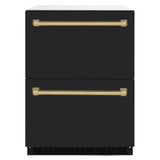 ZLINE Autograph Edition 24 in. Touchstone 168 Can Outdoor-Rated Dual Refrigerator Drawer with Black Matte Doors and Champagne Bronze Handles (RDSOZ-BLM-24-CB)