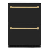 ZLINE Autograph Edition 24 in. Touchstone 168 Can Outdoor-Rated Dual Refrigerator Drawer with Black Matte Doors and Champagne Bronze Handles (RDSOZ-BLM-24-CB)