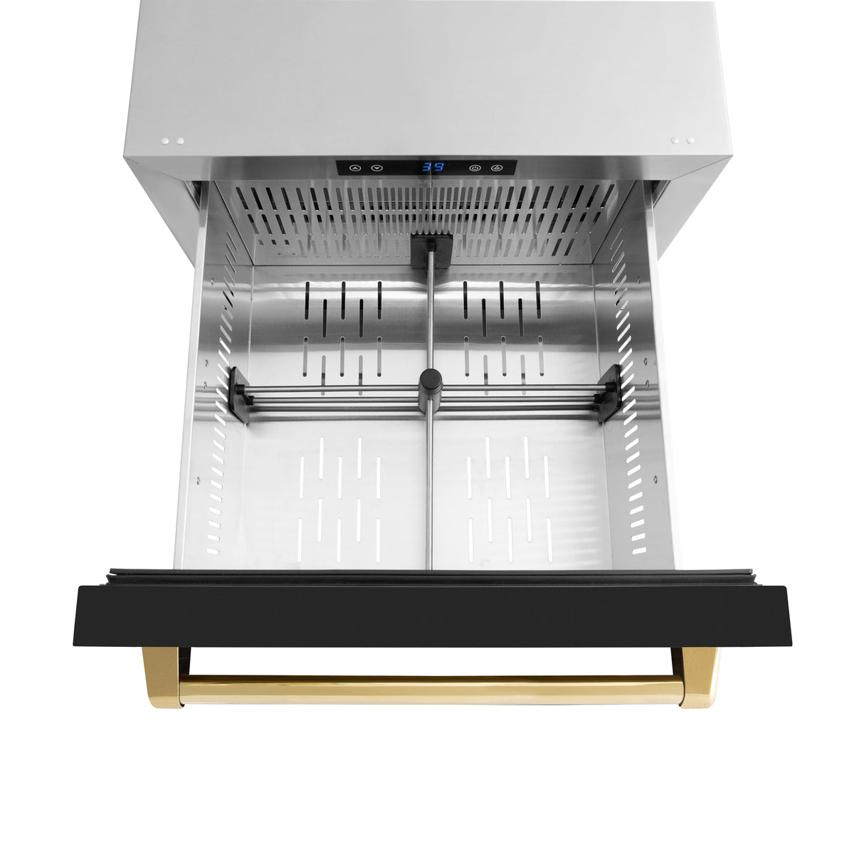 ZLINE Autograph Edition 24 in. Touchstone 168 Can Outdoor-Rated Dual Refrigerator Drawer with Black Matte Doors and Polished Gold Handles (RDSOZ-BLM-24-G)