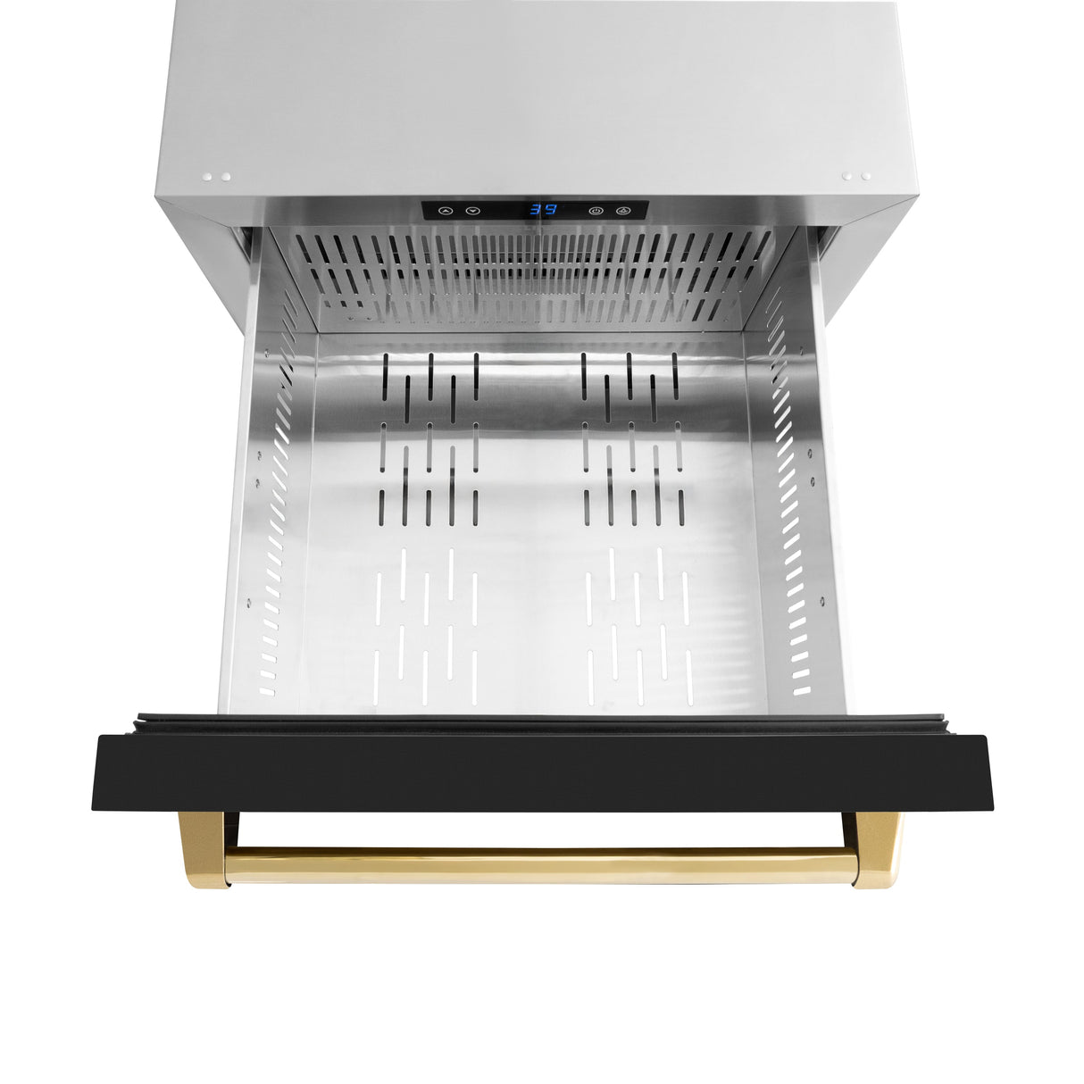 ZLINE Autograph Edition 24 in. Touchstone 168 Can Outdoor-Rated Dual Refrigerator Drawer with Black Matte Doors and Polished Gold Handles (RDSOZ-BLM-24-G)