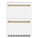 ZLINE Autograph Edition 24 in. Touchstone 168 Can Outdoor-Rated Dual Refrigerator Drawer with White Matte Doors and Champagne Bronze Handles (RDSOZ-WM-24-CB)