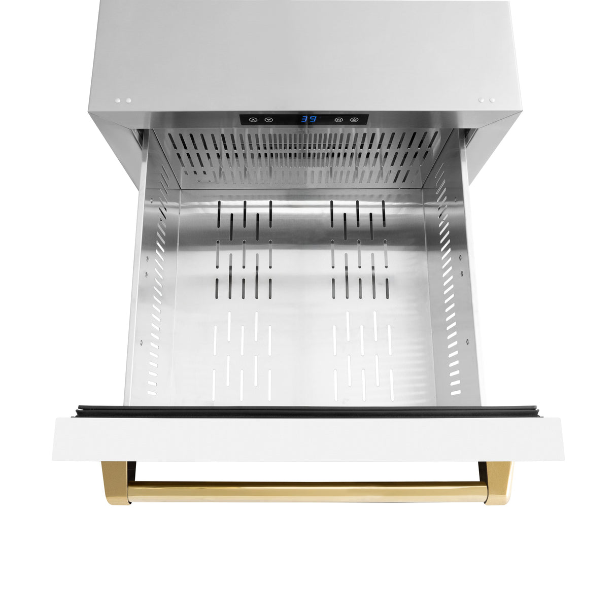 ZLINE Autograph Edition 24 in. Touchstone 168 Can Outdoor-Rated Dual Refrigerator Drawer with White Matte Doors and Polished Gold Handles (RDSOZ-WM-24-G)
