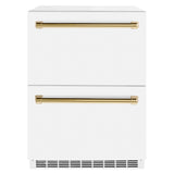 ZLINE Autograph Edition 24 in. Touchstone 168 Can Outdoor-Rated Dual Refrigerator Drawer with White Matte Doors and Polished Gold Handles (RDSOZ-WM-24-G)