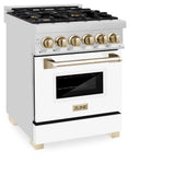 ZLINE Autograph Edition 24 in. 2.8 cu. ft. Legacy Dual Fuel Range with 4 Burner Gas Cooktop and Electric Convection Oven in Stainless Steel with White Matte Door and Polished Gold Accents (RAZ-WM-24-G)