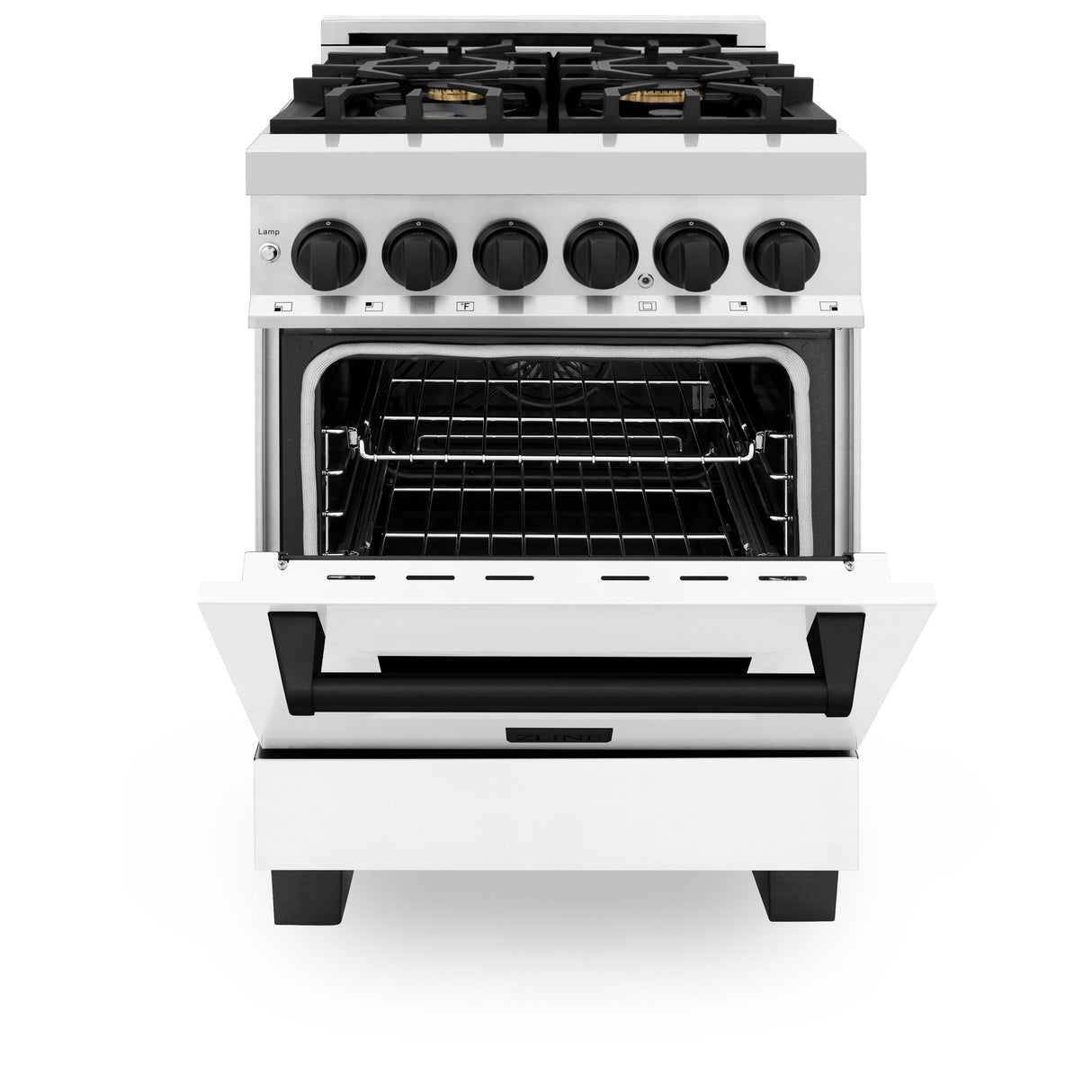 ZLINE Autograph Edition 24 in. 2.8 cu. ft. Legacy Dual Fuel Range with 4 Burner Gas Cooktop and Electric Convection Oven in Stainless Steel with White Matte Door and Matte Black Accents (RAZ-WM-24-MB)