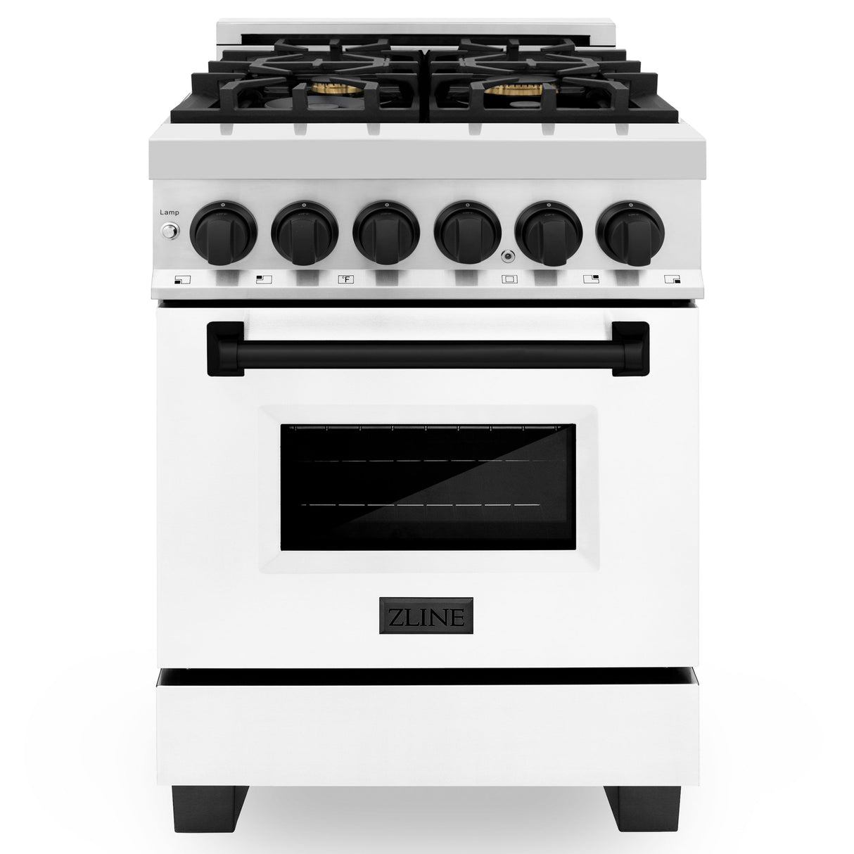 ZLINE Autograph Edition 24 in. 2.8 cu. ft. Legacy Dual Fuel Range with 4 Burner Gas Cooktop and Electric Convection Oven in Stainless Steel with White Matte Door and Matte Black Accents (RAZ-WM-24-MB)