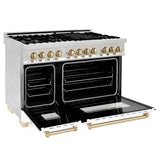 ZLINE Autograph Edition 48 in. 6.0 cu. ft. Legacy Dual Fuel Range with 7 Burner Gas Cooktop and 2 Electric Ovens in Stainless Steel with White Matte Doors and Polished Gold Accents (RAZ-WM-48-G)