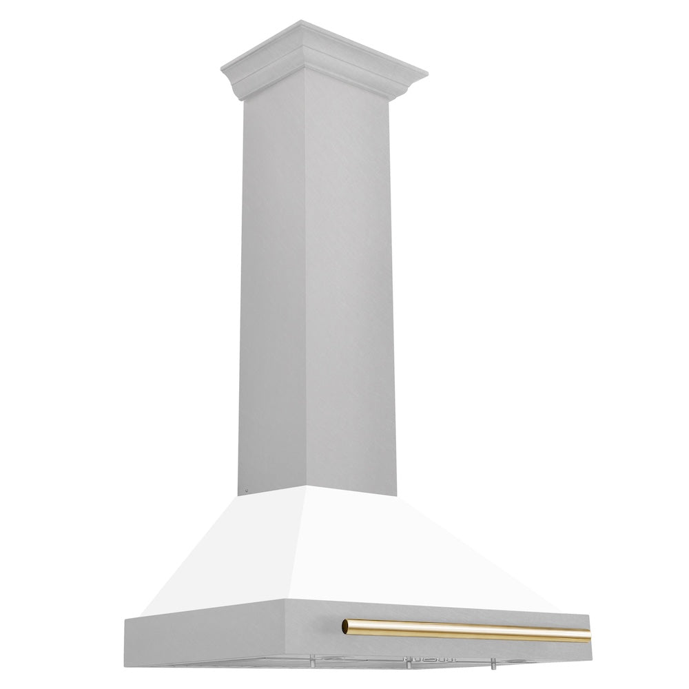 ZLINE 30 in. Autograph Edition Convertible Fingerprint Resistant DuraSnow® Stainless Steel Range Hood with White Matte Shell and Polished Gold Handle (KB4SNZ-WM30-G)