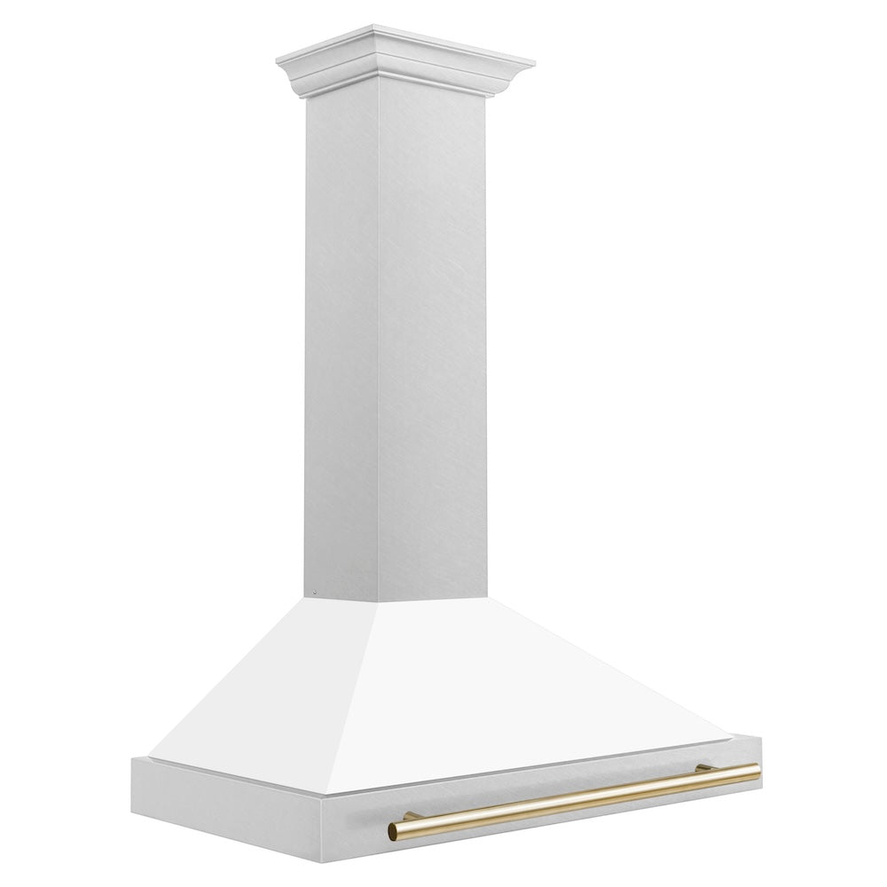 ZLINE 36 in. Autograph Edition Convertible Fingerprint Resistant DuraSnow® Stainless Steel Range Hood with White Matte Shell and Polished Gold Handle (KB4SNZ-WM36-G)